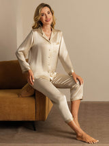 [Champagne] SilkSilky-NL Long Sleeve Lapel Collar Dames Pyjama Set 006