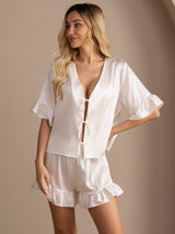 [Wit] SilkSilky-NL Short Sleeve V Neck Dames Pyjama Set 001