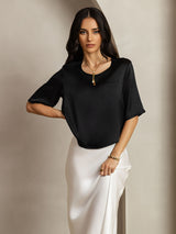 [Zwart] SilkSilky-NL Halve Mouw Diepe Ronde Hals Dames T-Shirt 003