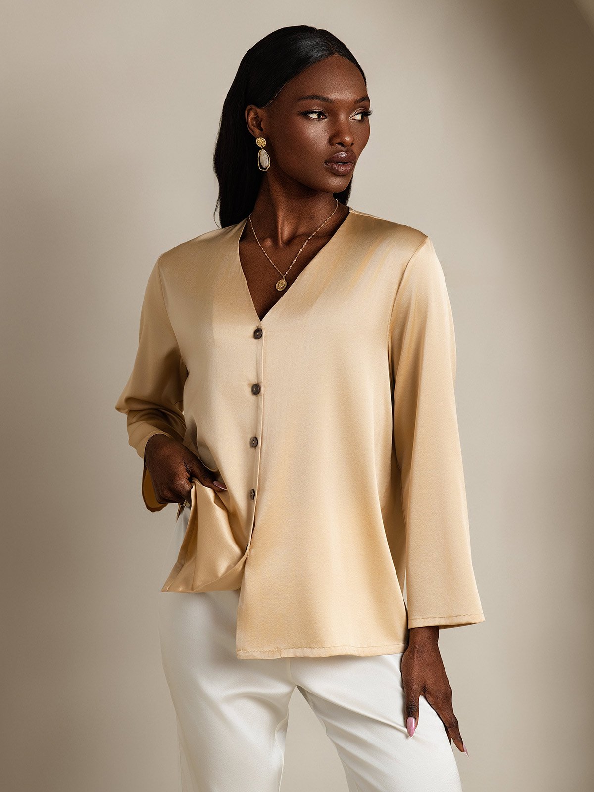 [Champagne] SilkSilky-NL 19Momme Zijde V-Hals Dames Blouse 004