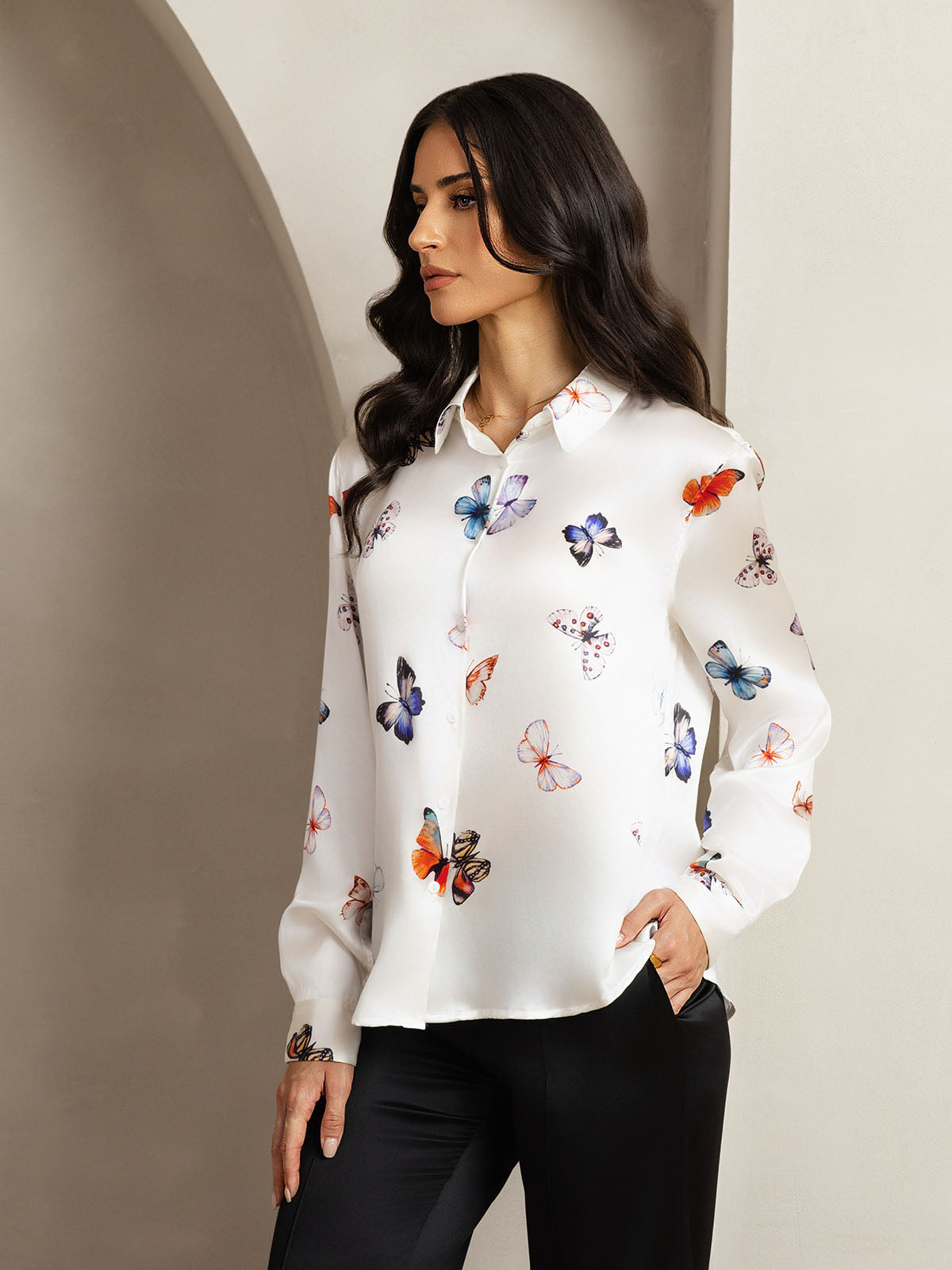 [Witte Vlinder] SilkSilky-NL Zijde Kraag Dames Blouse 006