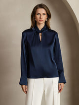 [Donkerblauw] SilkSilky-NL Long Sleeve Keyhole Neck Blouse 001