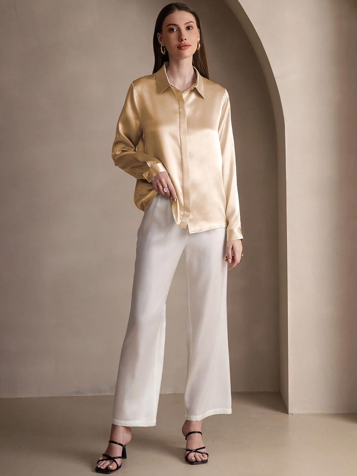 [Champagne] SilkSilky-NL 19Momme Zijde Lapel Collar Dames Blouse 003