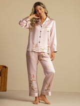 [Roze] SilkSilky-NL Long Sleeve Lapel Collar Dames Pyjama Set 001
