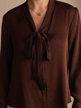 [Pure Chocolade] SilkSilky-NL Long Sleeve Tie Neck Blouse 004