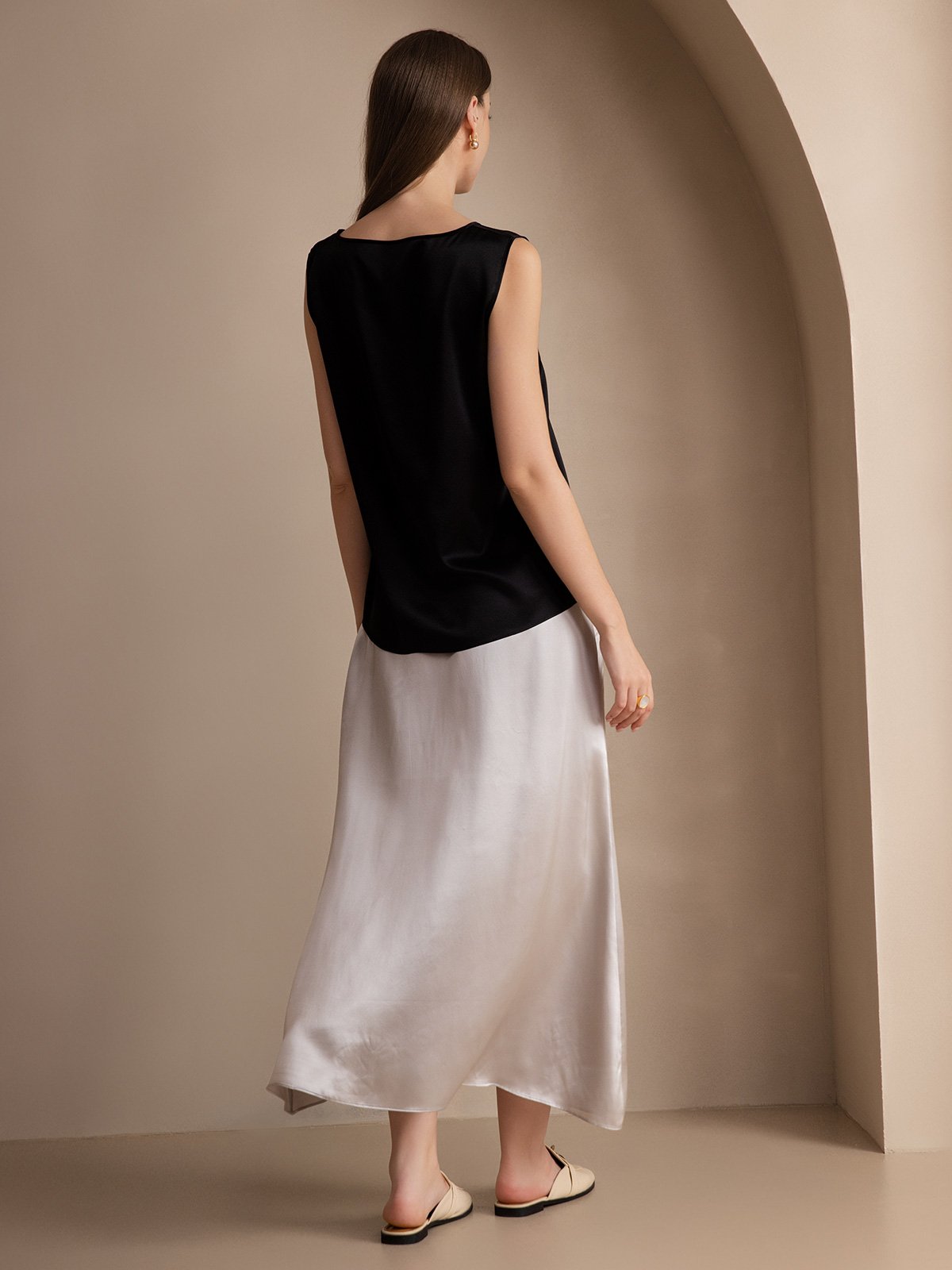 [Zwart] SilkSilky-NL 19Momme Zijde Ronde Hals Cami-Top 004