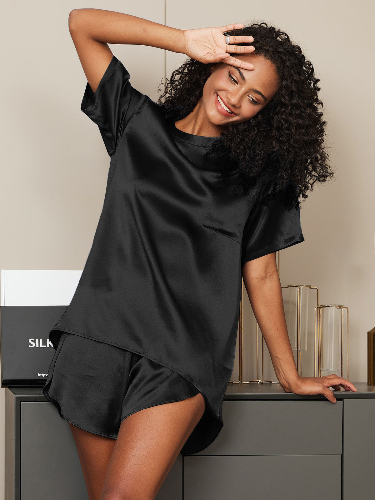 [Zwart] SilkSilky-NL Ronde Hals Dames Pyjama Set 004