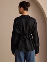 [Zwart] SilkSilky-NL Long Sleeve Split Blouse 002