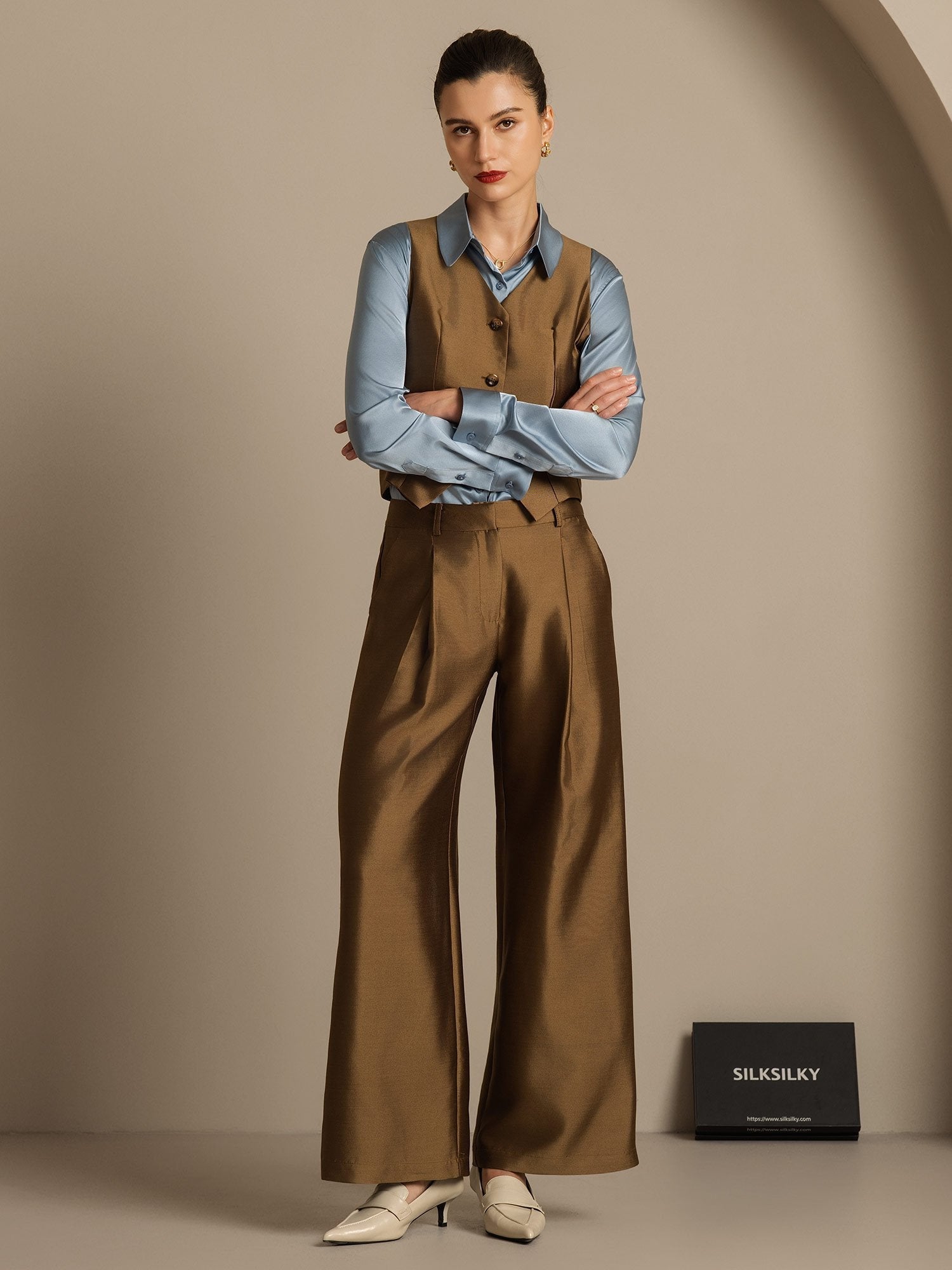 [Brons] SilkSilky-NL 32Momme Silk-Wool Blend Womens Pants 006,