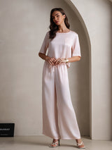 [Roze] SilkSilky-NL Halve Mouw Ronde Hals Dames Pyjama Set 005