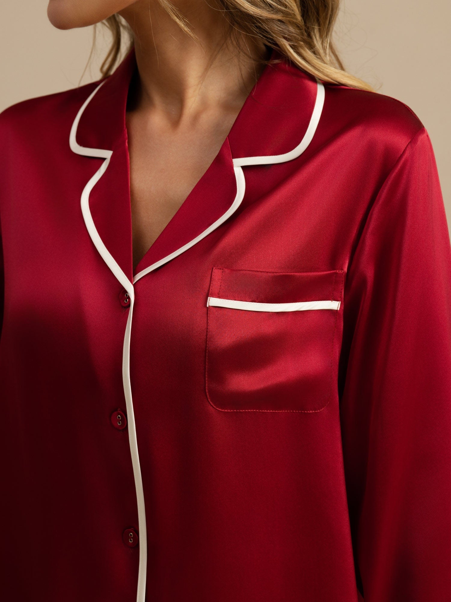 [Wijn] SilkSilky-NL Lange Mouw Notchkraag Dames Pyjama Set 004