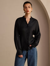[Zwart] SilkSilky-NL Long Sleeve Split Blouse 001