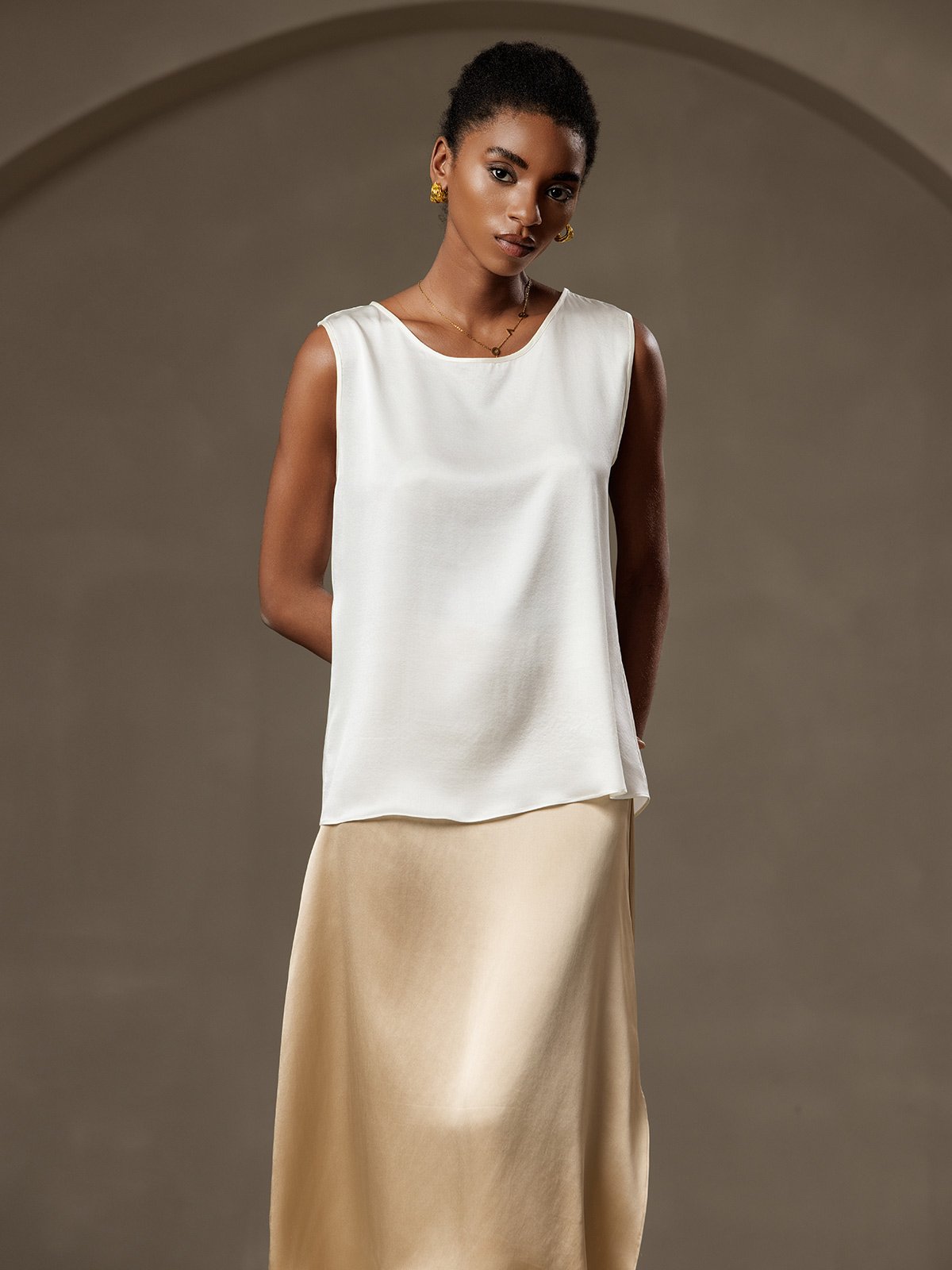 [Wit] SilkSilky-NL 19Momme Zijde Ronde Hals Cami-Top 001