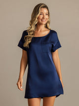 [Donkerblauw] SilkSilky-NL 19Momme Korte Mouw Ronde Hals Nachthemd 003