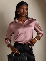[Bleek Mauve] SilkSilky-NL 3/4 Sleeve Lapel Collar Dames Blouse 003