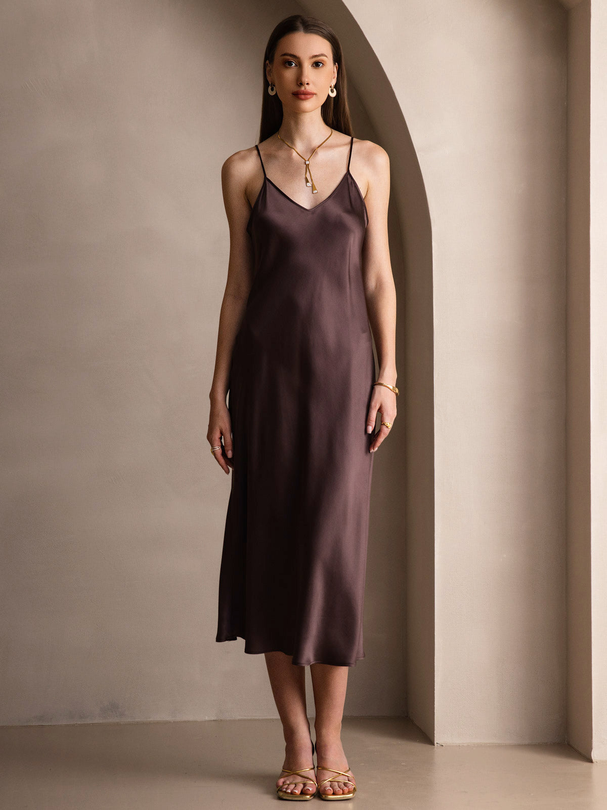 [Koffie] SilkSilky-NL Ronde Hals Jurk 003