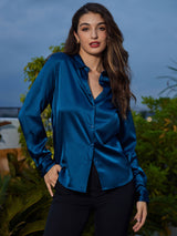 [Koningsblauw] SilkSilky-NL Long Sleeve Lapel Collar Dames Blouse 006