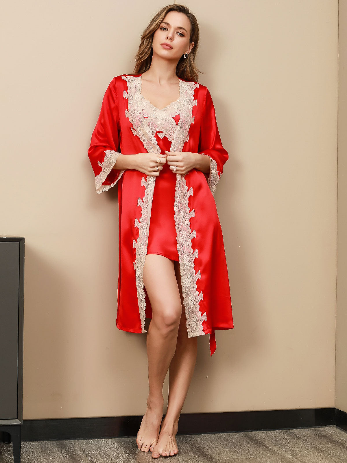 SilkSilky NL Pure Silk 3/4 Mouw Nightgown&Robe Set Rode 002