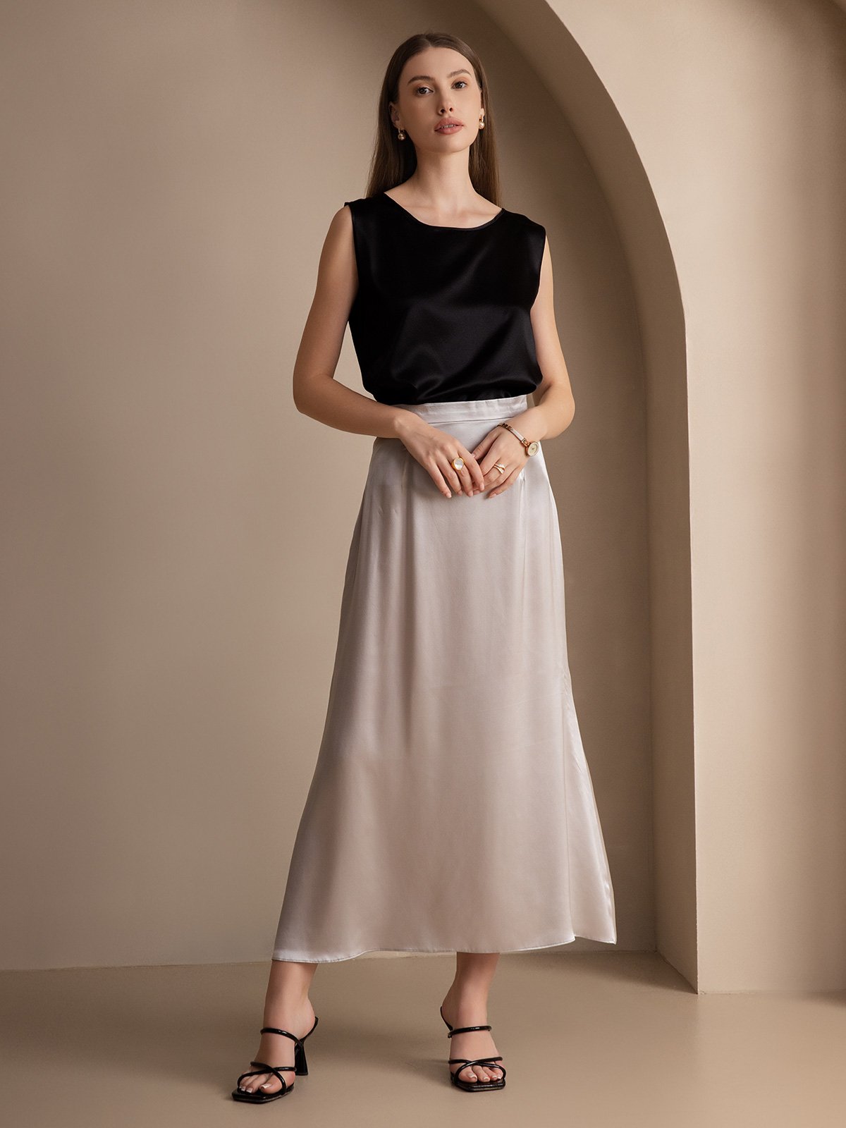 [Zwart] SilkSilky-NL 19Momme Zijde Ronde Hals Cami-Top 003