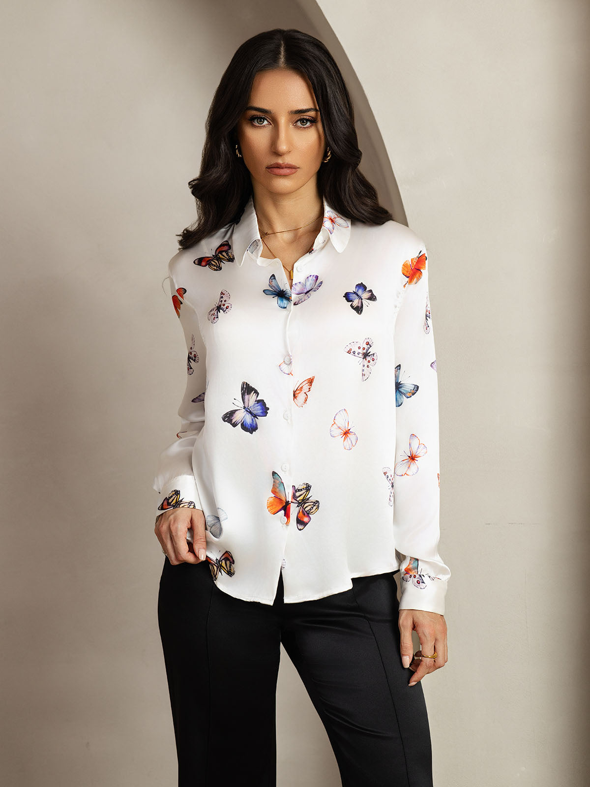 [Witte Vlinder] SilkSilky-NL Long Sleeve Lapel Collar Dames Blouse 001