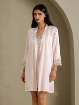 [Roze] SilkSilky-NL 3/4 Sleeve V Neck Nachthemd&Kamerjas Set 003