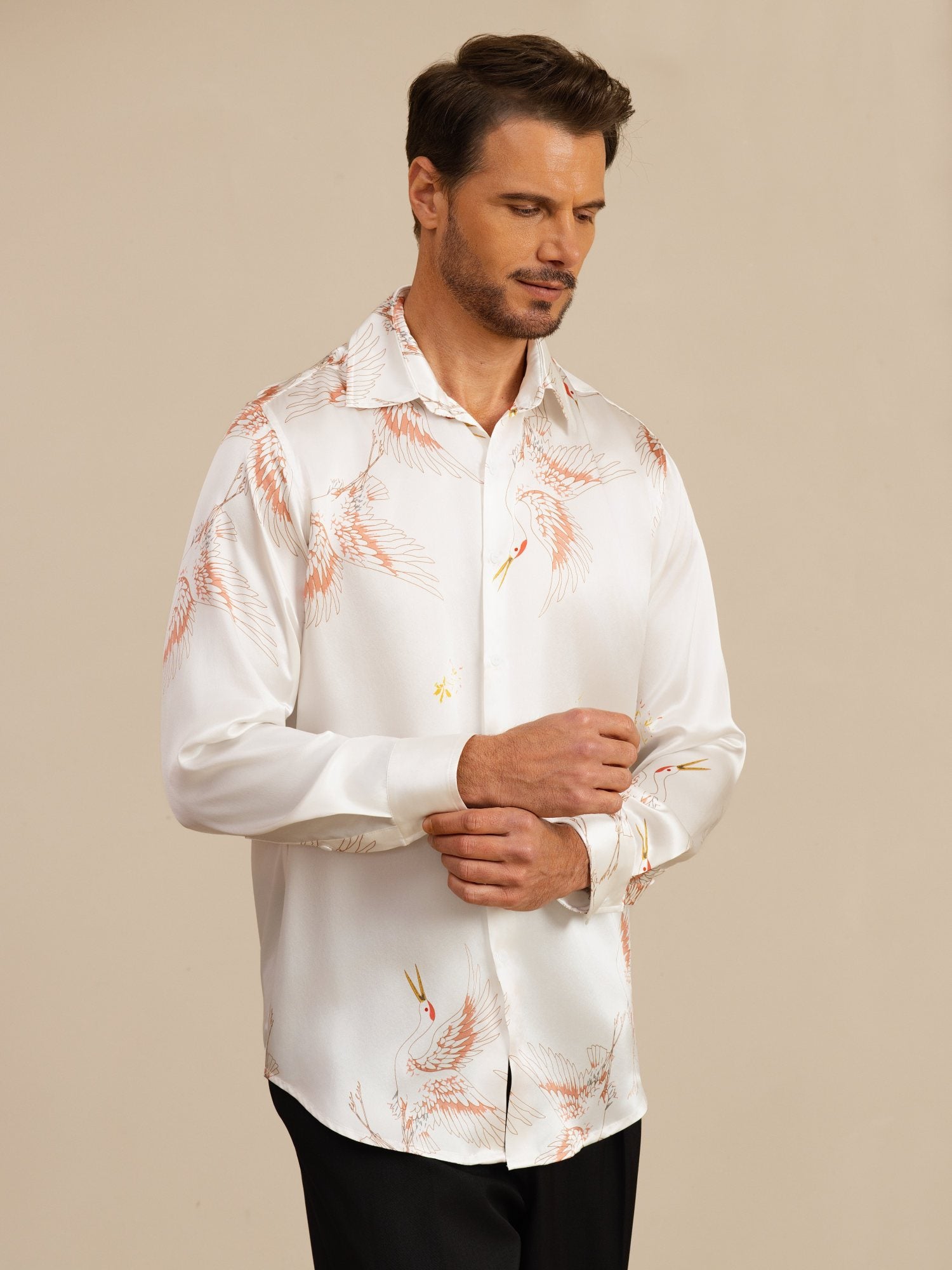 [Wit] SilkSilky-NL 19Momme Lange Mouw Reverskraag Heren Shirt 001