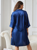 SilkSilky NL Pure Silk 3/4 Mouw Nightgown&Robe Set Donkerblauw 002