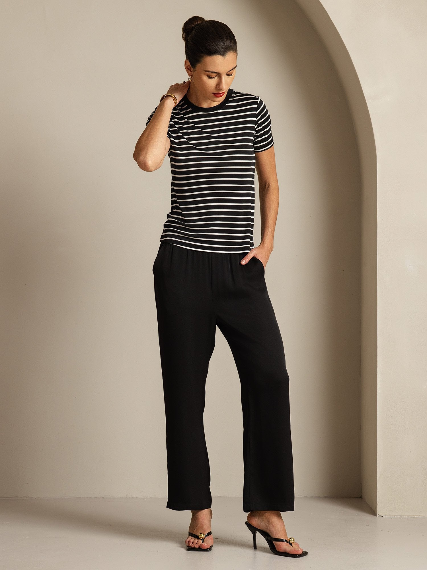 [ZwarteStreep] SilkSilky-NL Zijde Ronde Hals Dames T-Shirt 007