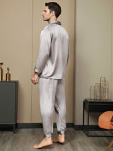 [Grijs] SilkSilky-NL Pure Silk Lange Mouw Revers Heren Pyjama Set 003