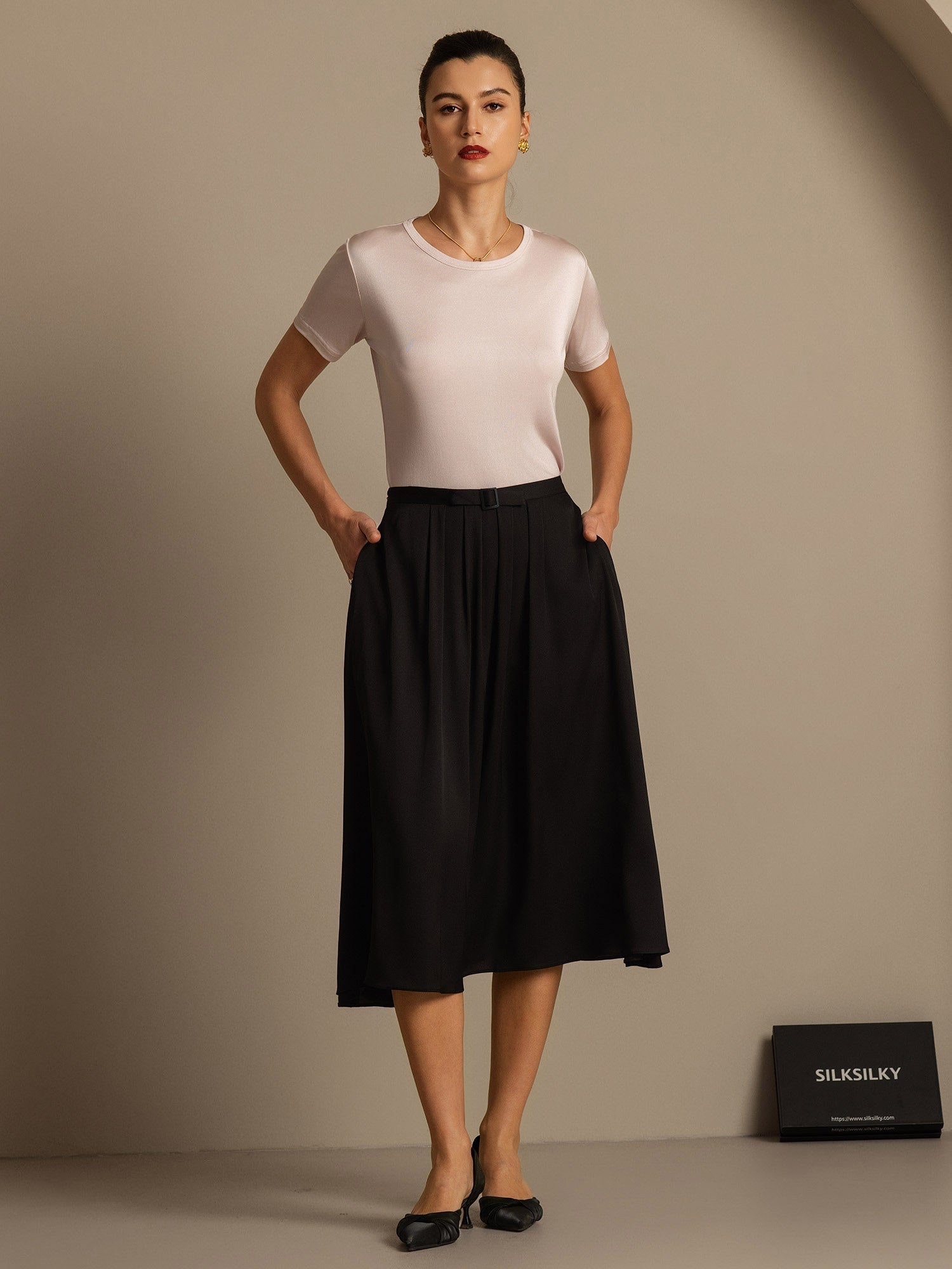 [Lichtroze] SilkSilky-NL Zijde Gebreid Ronde Hals Dames T-Shirt 007