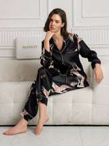 [Zwart] SilkSilky-NL Long Sleeve Lapel Collar Dames Pyjama Set 001