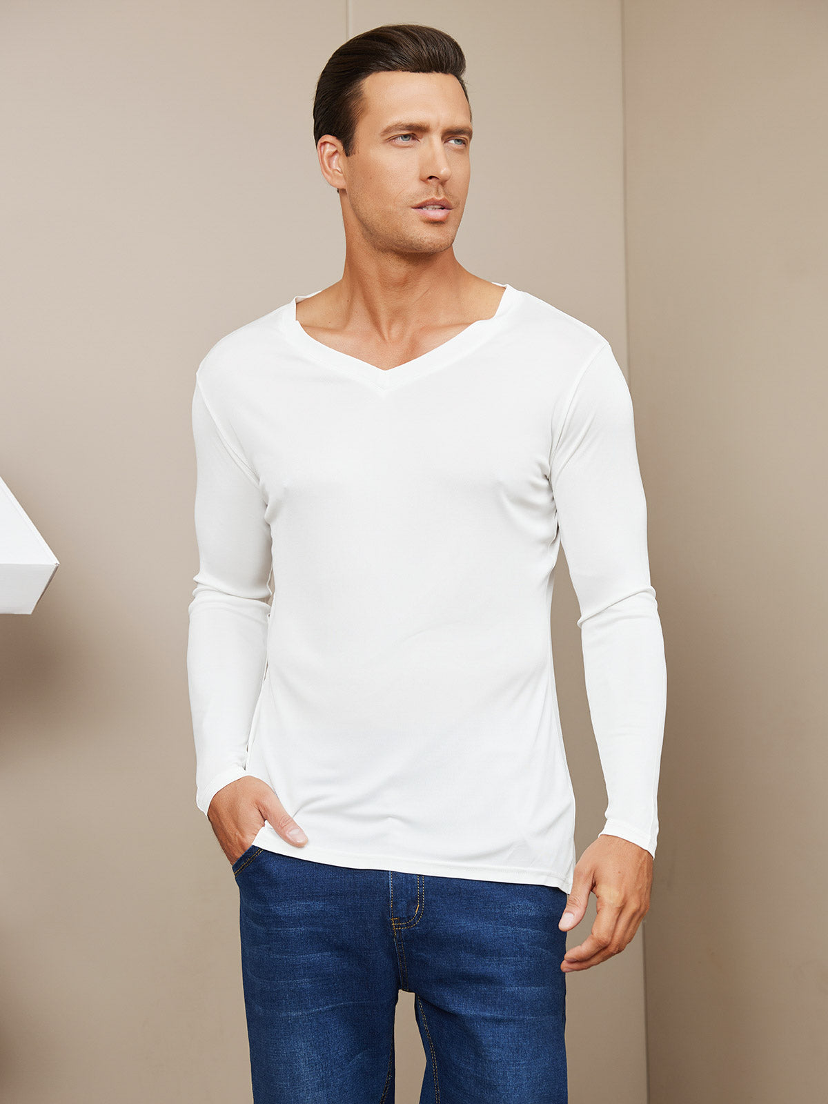 [Wit] SilkSilky-NL Zijde Gebreid Lange Mouw V-Hals Heren T-Shirt 003