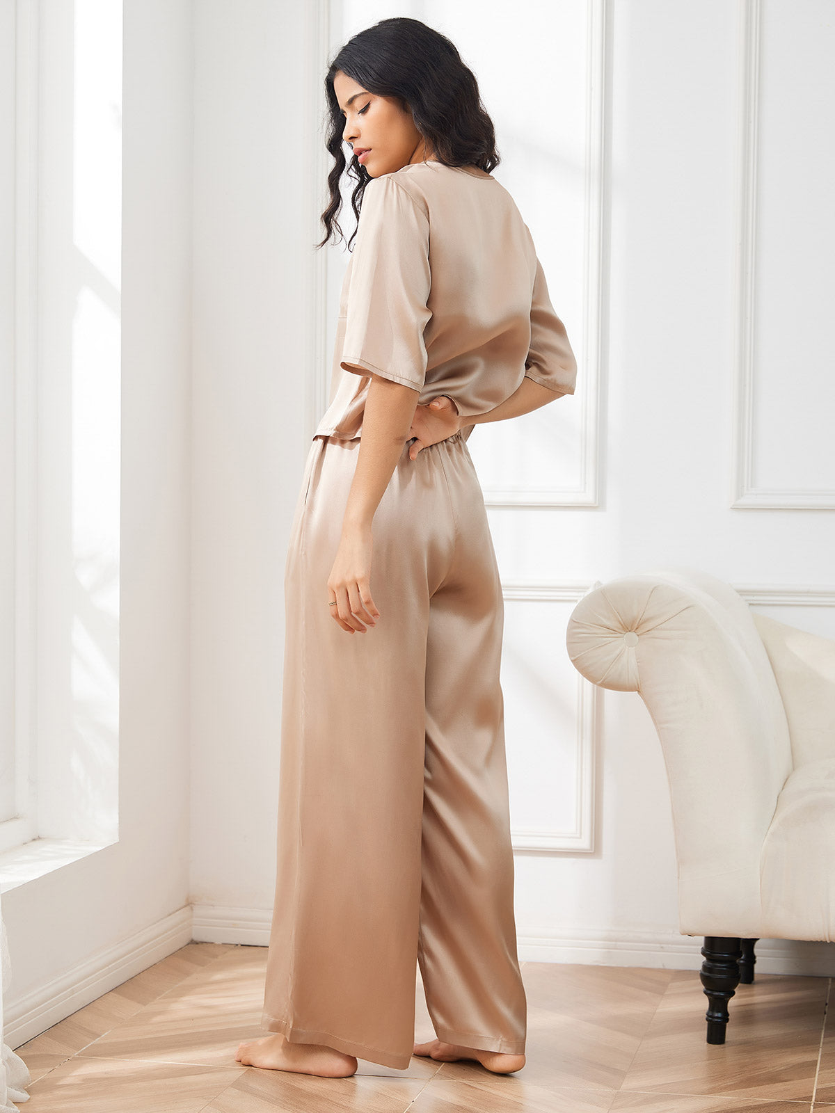 [Champagne] SilkSilky-NL Halve Mouw Ronde Hals Dames Pyjama Set 002