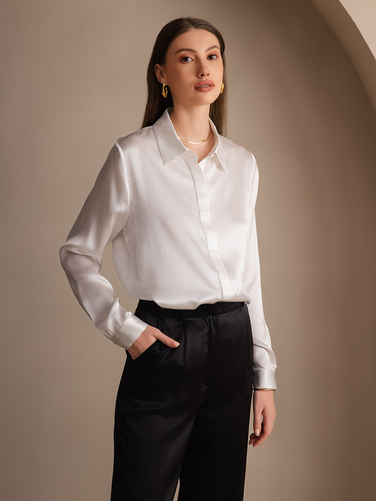 [Wit] SilkSilky-NL 19Momme Zijde Lapel Collar Dames Blouse 003