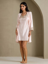 [Roze] SilkSilky-NL 3/4 Sleeve V Neck Nachthemd&Kamerjas Set 009