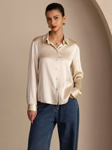 [Rijstbeige] SilkSilky-NL Long Sleeve Lapel Collar Dames Blouse 001