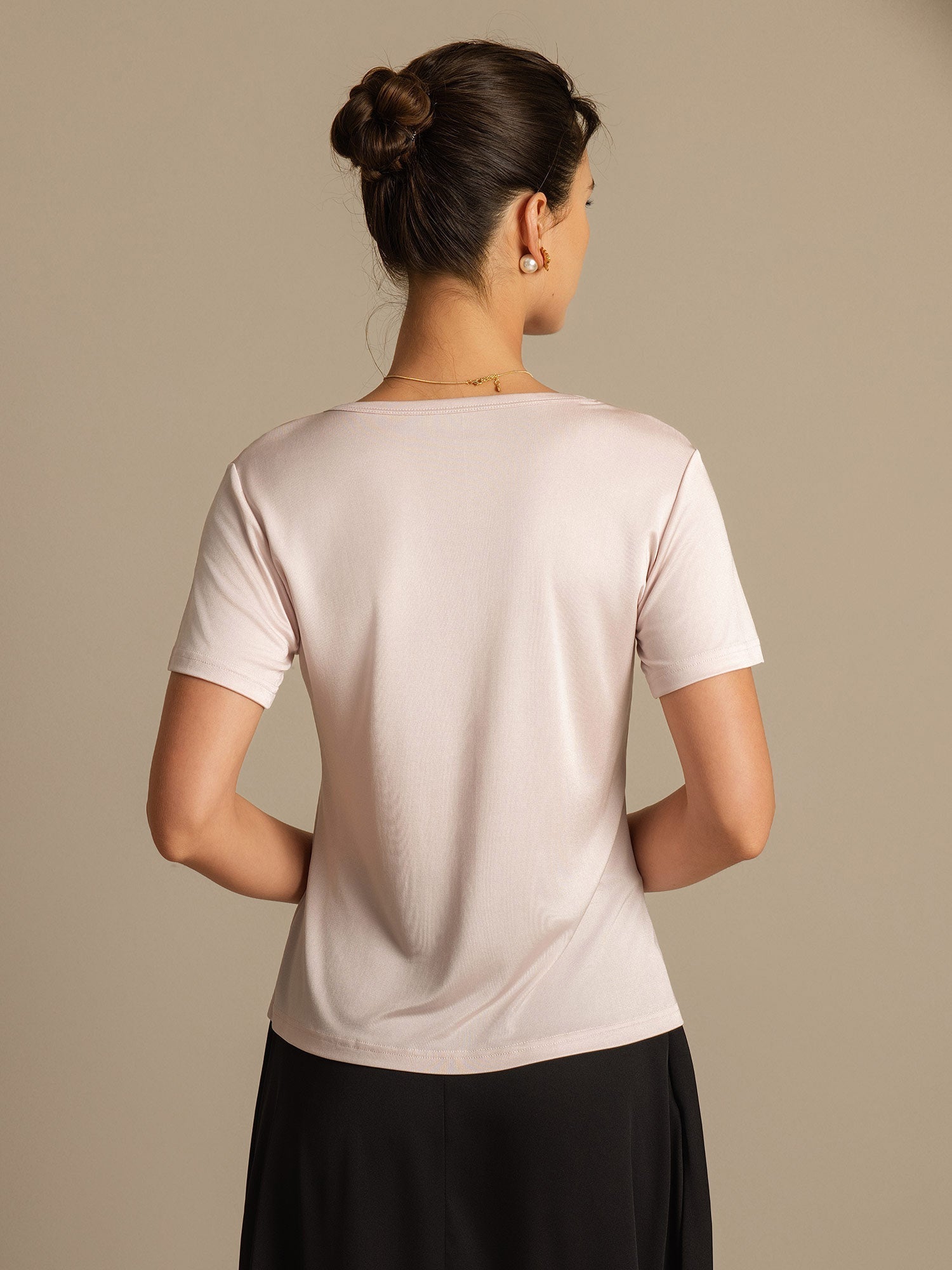 [Lichtroze] SilkSilky-NL Zijde Gebreid Ronde Hals Dames T-Shirt 002