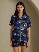 [Marineblauwe Leeuw] SilkSilky-NL Short Sleeve Notch Collar Dames Pyjama Set 001