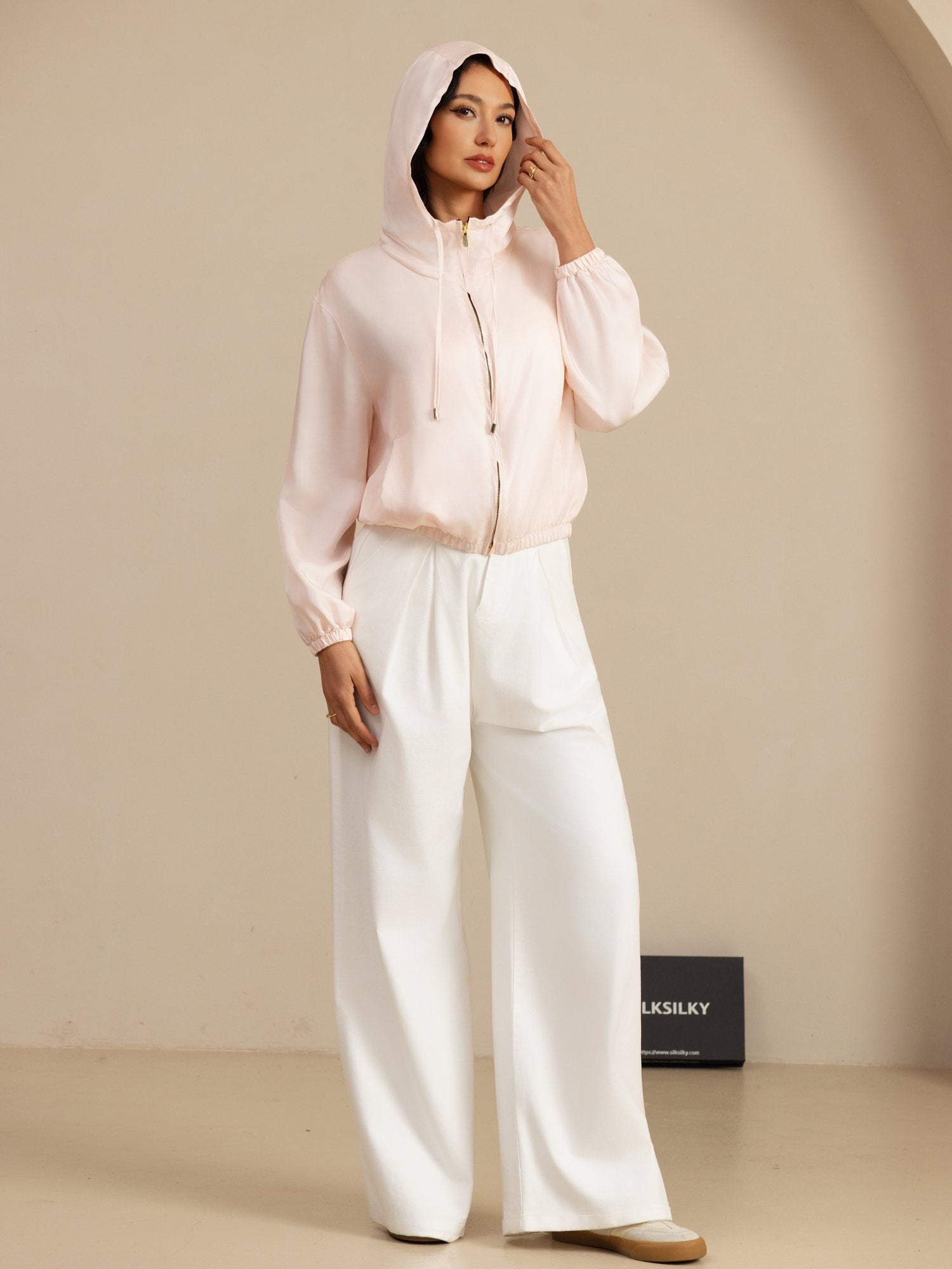 [Roze] SilkSilky-NL 18Momme Lange Mouw Staande Kraag Dames Bovenkleding 007