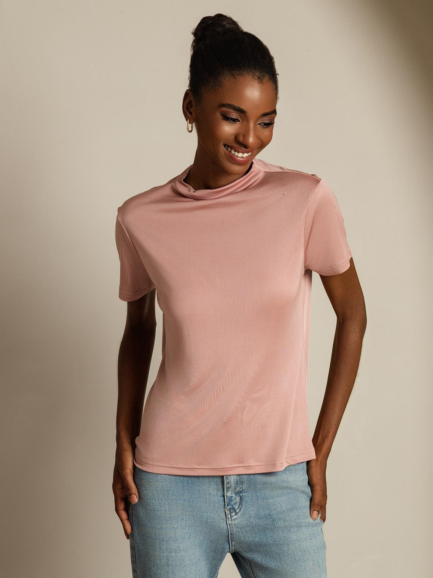[Roze] SilkSilky-NL Zijde Kraag Dames T-Shirt 003