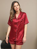 SilkSilky-NL Korte Mouw Revers Dames Pyjama Set Wijn 001