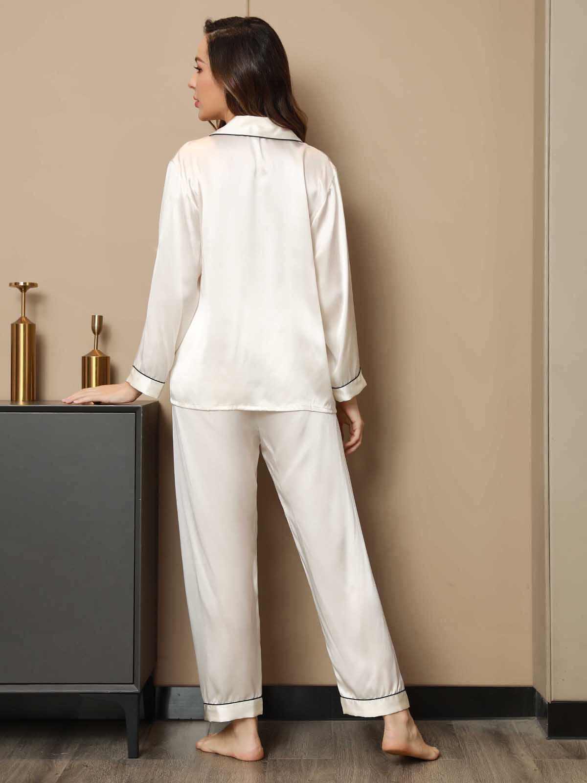 [Wit] SilkSilky-NL Lange Mouw Notchkraag Dames Pyjama Set 002