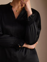 [Zwart] SilkSilky-NL Long Sleeve Split Blouse 005