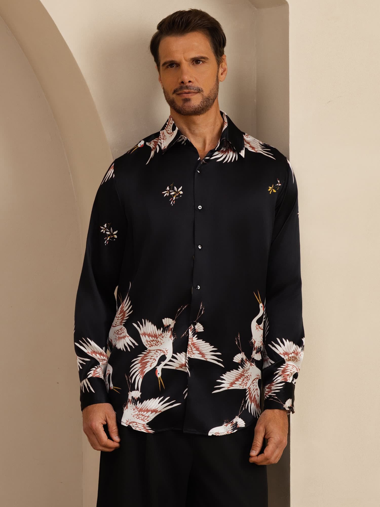 [Zwart] SilkSilky-NL 19Momme Lange Mouw Reverskraag Heren Shirt 006