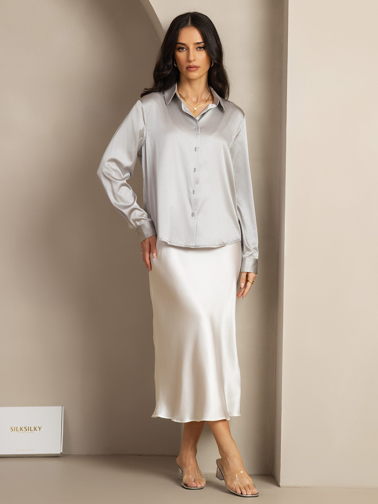 [Lichtgrijs] SilkSilky-NL Zijde Kraag Dames Blouse 004