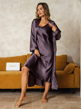 [Paars Grijs] SilkSilky-NL Long Sleeve V Neck Nachthemd&Kamerjas Set 009