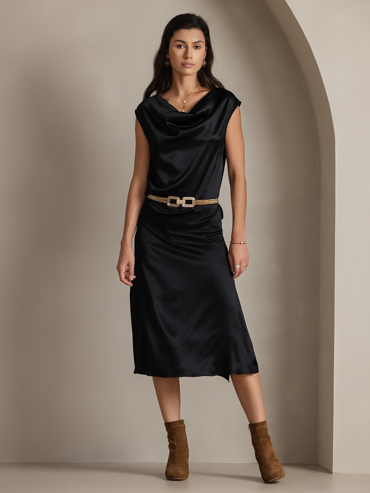 [Zwart] SilkSilky-NL 19Momme Zijde Mouwloos Womens T-Shirt 001