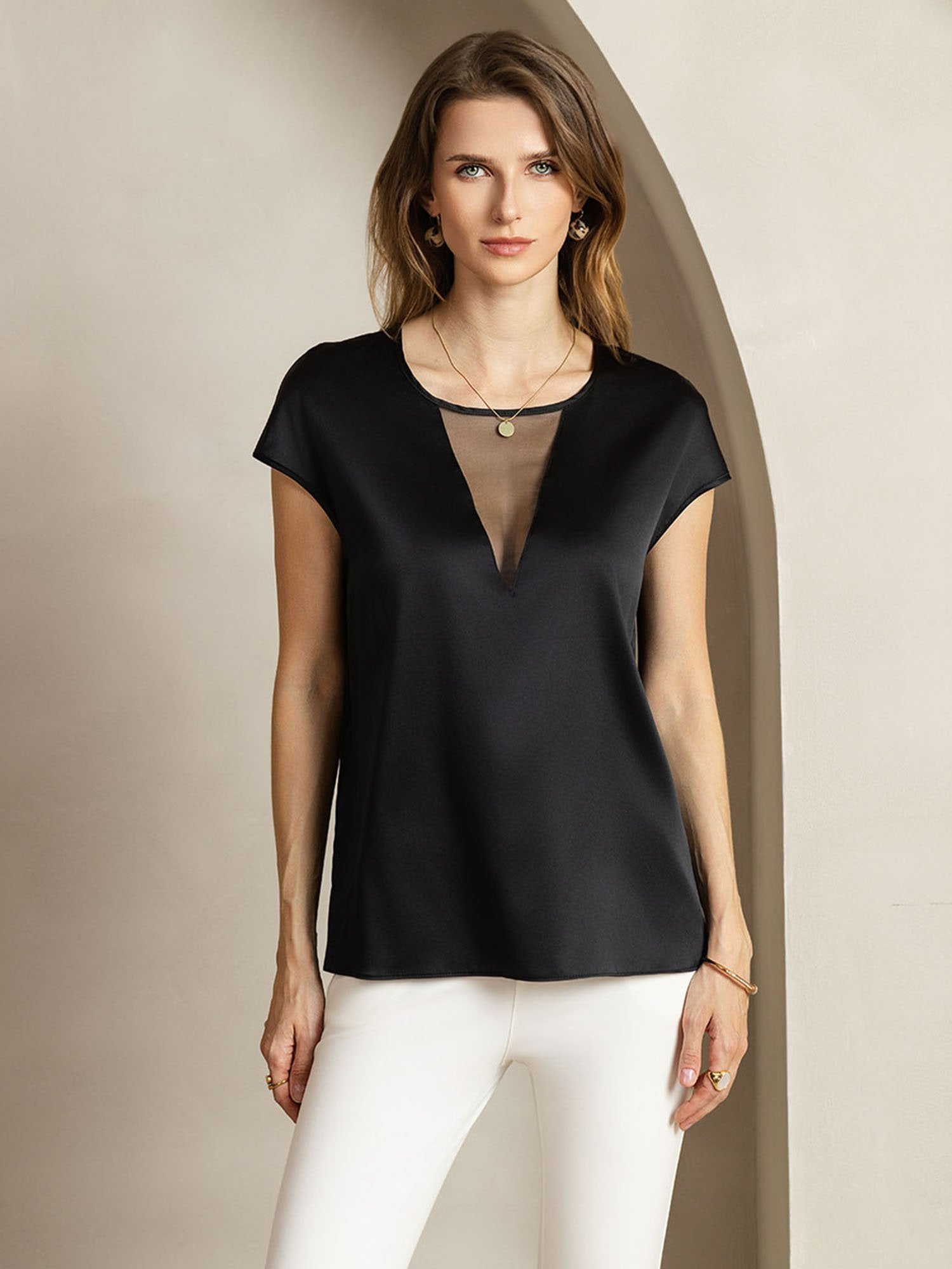 [Zwart] SilkSilky-NL 19Momme Zijde Halternek Dames T-Shirt 001