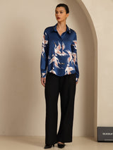 [Donkerblauw] SilkSilky-NL Long Sleeve Lapel Collar Dames Blouse 008