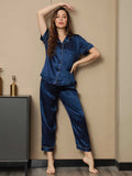 SilkSilky NL Pure Silk Korte Mouw Revers Dames Pyjama Set Donkerblauw 004